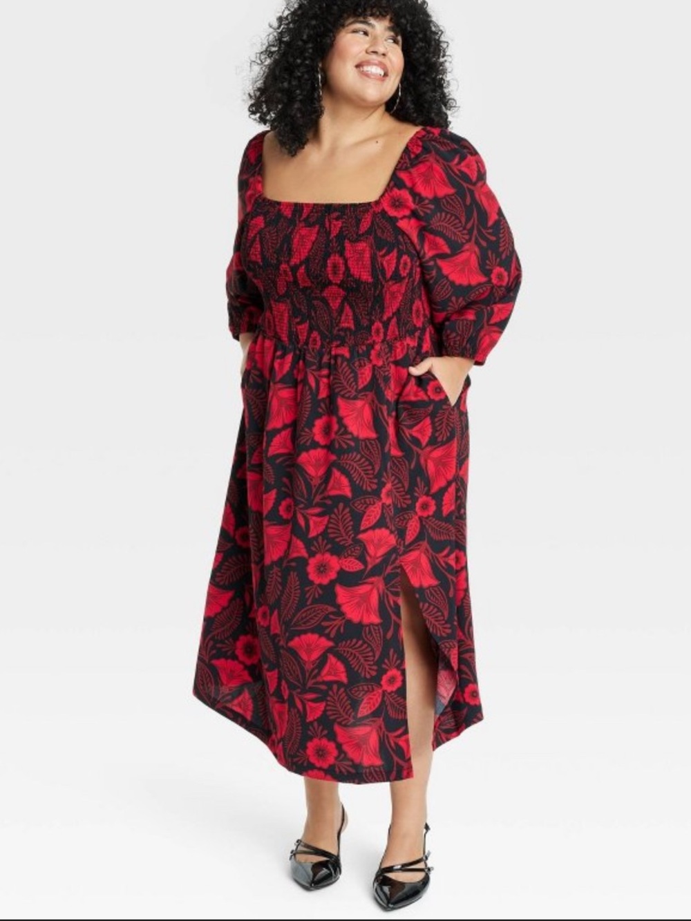 Target Red and Black Floral Long Sleeves Midi Smocked Dress - Size 1X